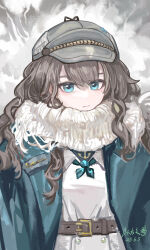 1girl absurdres artist_name belt blue_coat blue_eyes blue_neckerchief brown_belt closed_mouth coat dated dress grey_hat hat highres looking_at_viewer marcus_(reverse:1999) mole mole_under_eye neckerchief newsboy_cap reverse:1999 scarf signature solo upper_body white_dress white_scarf yitai_zhi_meng