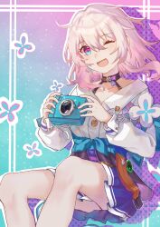1girl absurdres acorn badge black_choker black_corset blue_eyes blue_jacket blue_skirt button_badge camera chinese_commentary choker collarbone commentary_request corset cowboy_shot dress_shirt drop_shadow earrings flower_ornament highres holding holding_camera honkai:_star_rail honkai_(series) invisible_chair jacket jewelry long_sleeves march_7th_(honkai:_star_rail) march_7th_(preservation)_(honkai:_star_rail) medium_hair miniskirt multicolored_eyes one_eye_closed open_mouth partial_commentary pink_eyes pink_hair pleated_skirt polka_dot_shadow shirt single_earring sitting skirt smile solo tied_jacket two-tone_eyes white_shirt xiaotongxuto