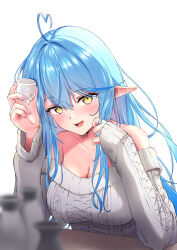 1girl absurdres ahoge blue_hair blurry blurry_foreground blush breasts choko_(cup) cleavage cup elf heart heart_ahoge highres hololive jewelry large_breasts long_hair multicolored_hair off-shoulder_sweater off_shoulder official_alternate_costume pink_nails pointy_ears ring simple_background streaked_hair sweater tatataecho tokkuri virtual_youtuber white_background yellow_eyes yukihana_lamy yukihana_lamy_(loungewear)