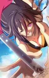 1girl black_hair blue_sky breasts cleavage cloud dated eiyuu_densetsu emilia_harling floating_hair grin hair_between_eyes highres kai_no_kiseki kuro_no_kiseki_(series) large_breasts long_hair looking_at_viewer multicolored_hair one_eye_closed outdoors purple_eyes red_eyes red_hair signature sky smile solo streaked_hair tinybiard twitter_username two-tone_hair