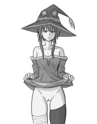1girl bare_shoulders black_thighhighs clitoris dress fingerless_gloves gloves greyscale hat highres kono_subarashii_sekai_ni_shukufuku_wo! lifting_own_clothes looking_at_viewer megumin monochrome naughty_face no_pants open_mouth pussy ryehry short_hair_with_long_locks thighhighs upper_body white_background