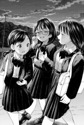 3girls :d backpack bag blazer blush bow bowtie braid cloud cloudy_sky collared_shirt glasses greyscale hair_ornament hairclip highres jacket loafers long_hair long_sleeves looking_at_another low_twintails monochrome morimoto_atsushi multiple_girls open_mouth original outdoors pleated_skirt school_bag school_uniform shirt shoes skirt sky smile socks standing twin_braids twintails
