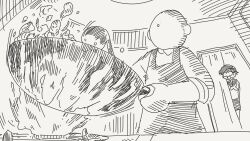 1boy 1girl apron bait_and_switch comic commentary_request cooking faceless faceless_male fire frying_pan greyscale highres holding holding_frying_pan horideiyasumi indoors monochrome original peeking school_uniform segmented_comic serafuku stove surprised