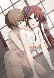 1boy 1girl akazawa_izumi all_fours another blue_ribbon breasts brown_eyes brown_hair collarbone commentary_request completely_nude doggystyle dutch_angle hair_ribbon hetero highres hug hug_from_behind long_hair medium_breasts munemori_(rknd2585) navel nipples nude open_mouth ribbon sakakibara_kouichi sex sex_from_behind short_hair sweat tokyo_inroaded:_closed_eden twintails variant_set