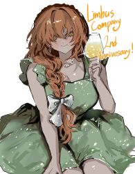 1girl absurdres anniversary blush bow braid breasts cleavage closed_mouth dress freckles green_dress green_eyes hair_bow highres ishmael_(project_moon) kisaaka large_breasts limbus_company long_hair orange_hair project_moon simple_background sleeveless sleeveless_dress smile solo very_long_hair white_background white_bow