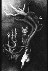 :&lt; antlers bad_id bad_pixiv_id bird cat formal_clothes greyscale horns looking_at_viewer monochrome no_humans original pants pillarboxed plant raven crow scenery shiba_wangoro shirt skull solo standing surreal traditional_media