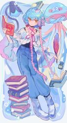 1girl blue_hair book book_stack boots bow braid bubble commentary_request criss-cross_halter full_body hair_bow halterneck healslime highres holding holding_quill inkwell jellyfish lamp long_hair long_sleeves looking_to_the_side multicolored_hair orange_eyes original pants pink_hair purple_hair quill shirt solo twin_braids undershirt ushinoki very_long_hair