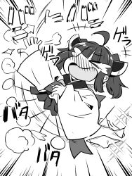 +++ 1girl afterimage ahoge bikini chibi crying full_body greyscale headgear highres japanese_clothes kimono long_sleeves lying monochrome neon-tetora obi on_back pleated_skirt sash simple_background skirt solo streaming_tears swimsuit tears touhoku_kiritan translation_request trembling twintails unworn_bikini voiceroid white_background wide_sleeves