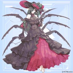 1girl arthropod_limbs bare_shoulders black_dress black_gloves black_hat blue_background boots bow breasts brooch cleavage clona closed_mouth copyright_name dress elbow_gloves flower frilled_hat frilled_sleeves frills full_body gloves gown green_bow green_hair green_ribbon hair_over_one_eye half-closed_eyes halter_dress halterneck hand_up hat hat_bow hat_flower invisible_chair jewelry lace lace-trimmed_dress lace_trim large_breasts layered_sleeves lipstick long_dress long_hair long_sleeves lost_arcadia makeup off-shoulder_dress off_shoulder picture_hat red_dress red_eyes red_flower red_rose ribbon rose see-through_cleavage see-through_clothes short_over_long_sleeves short_sleeves sitting sleeve_ribbon smile solo two-sided_fabric two-sided_headwear two-tone_dress very_long_hair white_boots