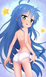 1girl :3 aged_down ass blue_background blue_hair blush breasts cleft_of_venus female_focus green_eyes izumi_konata kommandoh loli long_hair lucky_star nipples nude open_mouth panties small_breasts solo standing star_(symbol) tongue uncensored underwear underwear_only