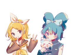 Rule 34 | &gt; &lt;, 2girls, arm at side, bare shoulders, blonde hair, blue bow, blue eyes, blue hair, blue nails, blue trim, bow, chinese commentary, cinnamiku, cinnamoroll, closed mouth, commentary request, detached sleeves, double-parted bangs, film grain, finger to own chin, flipped hair, folded twintails, frilled shirt, frilled shirt collar, frills, fuwa fuwa cinnamoroll, grey sailor collar, grey shirt, grey sleeves, hair between eyes, hair bow, hair ornament, hatsune miku, headphones, headset, holding, kagamine rin, kingguzi, long sleeves, looking at viewer, multiple girls, nail polish, neckerchief, no nose, no pupils, number tattoo, parted bangs, sailor collar, sanrio, shirt, short hair, shoulder tattoo, simple background, sleeveless, sleeveless shirt, smile, tattoo, upper body, v, vocaloid, white background, white bow, white headphones, white shirt, yellow neckerchief, yellow trim