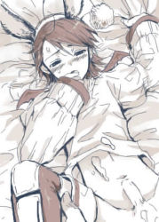 00s androgynous animal_ears bottomless crossdressing cum cum_on_body cum_on_lower_body final_fantasy final_fantasy_xii gender_request hand_over_mouth larsa_ferrinas_solidor lowres lying male_focus monochrome moogle navel open_mouth penis rabbit_ears short_hair shota spread_legs wings yaoi