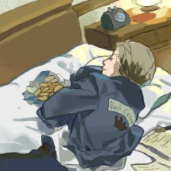 1boy chips_(food) cing food hotel_dusk kyle_hyde lowres male_focus potato_chips sleeping solo