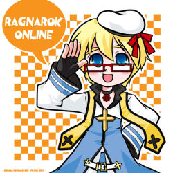 1boy 2011 :d arch_bishop_(ragnarok_online) beret black_choker black_gloves blonde_hair blue_coat blue_eyes bow checkered_background choker coat commentary_request copyright_name cowboy_shot cropped_jacket cross cross_choker cross_necklace cross_of_prontera fingerless_gloves glasses gloves hat jacket jewelry long_sleeves looking_at_viewer male_focus necklace open_mouth orange_background pants ragnarok_online rectangular_eyewear red-framed_eyewear red_bow short_hair smile solo white_background white_hat white_jacket white_pants yazawa_kazuki