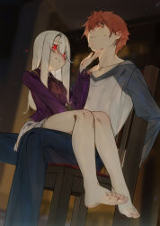 1boy 1girl absurdres arms_behind_back ascot bare_legs barefoot blue_sleeves blush breasts chair deko_morii emiya_shirou fate/stay_night fate_(series) feet highres illyasviel_von_einzbern legs long_hair long_sleeves looking_at_another miniskirt orange_eyes orange_hair purple_shirt raglan_sleeves red_eyes restrained shirt short_hair sidelocks sitting sitting_on_lap sitting_on_person skirt small_breasts smile sweat toes white_hair white_shirt white_skirt