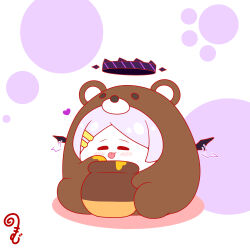 Rule 34 | afterimage, animal costume, animal ears, bear costume, bear ears, black wings, blue archive, blush, chibi, closed eyes, closed mouth, colored shadow, fake animal ears, flapping, grey hair, hair ornament, hairclip, halo, highres, hina (blue archive), honey, honeypot, kurukurumagical, parted bangs, shadow, single hair intake, sitting, solo, tongue, tongue out, white background, wings
