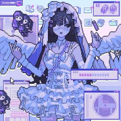 1girl black_eyes black_hair blunt_bangs bridal_veil corset cowboy_shot cursor detached_sleeves dress eyepatch flower frilled_dress frills hair_ornament hands_up highres icon_(computing) jewelry lighter long_hair medical_eyepatch necklace open_mouth original pearl_necklace pixel_art rose solo uzume_(uzm0) v veil very_long_hair white_corset white_dress white_flower white_rose window_(computing) x_hair_ornament