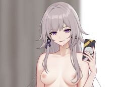 1girl black_ribbon breasts cellphone closed_mouth collarbone fingernails grey_hair hair_ribbon hand_up herta_(honkai:_star_rail) holding holding_phone honkai:_star_rail honkai_(series) long_hair looking_at_viewer medium_breasts nail_polish nipples nude paid_reward_available phone purple_eyes purple_nails ribbon smile solo the_herta_(honkai:_star_rail) trailblazer_(honkai:_star_rail) upper_body very_long_hair yunkaiming
