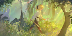 1boy 1girl absurdres aged_down ahoge artoria_pendragon_(fate) belt black_belt black_bow black_pants blonde_hair blurry boots bow brown_boots closed_mouth collared_shirt day depth_of_field fate/stay_night fate_(series) forest from_side grass green_eyes grey_hair hair_bow hand_up highres holding holding_staff holding_sword holding_weapon knee_boots long_hair long_sleeves looking_ahead merlin_(fate) nature outdoors pants ponytail popped_collar puffy_long_sleeves puffy_sleeves robe saber_(fate) shirt staff standing sword tree walking weapon white_robe white_shirt wide_sleeves xu_(akiixuu)