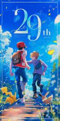 2boys absurdres anniversary backpack bag blue_oak blue_pants boots brown_bag brown_hair cloud commentary creatures_(company) day eevee falling_petals game_freak gen_1_pokemon hanenbo hat highres jacket leg_up male_focus multiple_boys nintendo outdoors pants petals pikachu pokemon pokemon_(creature) pokemon_rgby purple_shirt red_(pokemon) red_hat shirt shoes short_hair short_sleeves sky standing standing_on_one_leg white_shoes