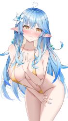 1girl ahoge alternate_costume armpit_crease bare_arms bare_shoulders bikini blue_hair blue_nails blush braid breasts cleavage closed_mouth collarbone colored_inner_hair commentary commission covering_body crossed_bangs dadangge elf fingernails flower furrowed_brow gold_bikini golden_week golden_week_bikini hair_flower hair_ornament half_up_braid heart heart_ahoge highres hololive large_breasts leaning_forward looking_at_viewer multicolored_hair navel one-piece_swimsuit pointy_ears shy simple_background slingshot_swimsuit solo swimsuit thighs virtual_youtuber white_background yellow_eyes yukihana_lamy