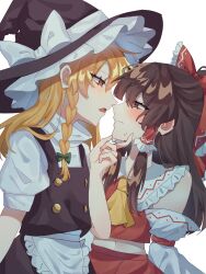 2girls apron black_hat black_vest blonde_hair blush bow braid brown_eyes brown_hair closed_mouth commentary detached_sleeves ear_blush hair_bow hair_tubes hakurei_reimu hand_on_another&#039;s_chin hat highres kirisame_marisa long_hair multiple_girls open_mouth orange_eyes red_bow red_shirt red_skirt shirt side_braid simple_background skirt touhou tqga3wig4q61080 vest white_apron white_background white_bow white_shirt yuri