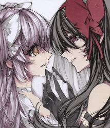 2girls absurdres akemi_homura akuma_homura black_gloves black_hair bow choker gloves hair_bow hashtag-only_commentary highres holding_hands kaname_madoka looking_at_another mahou_shoujo_madoka_magica mahou_shoujo_madoka_magica:_hangyaku_no_monogatari marker_(medium) misteor multiple_girls pink_hair red_bow smile traditional_media ultimate_madoka white_bow white_choker white_gloves yellow_eyes