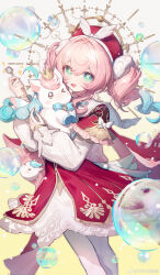 &gt;_o 1girl absurdres blue_bow blue_bowtie blue_eyes blue_hair bow bowtie capelet crown dress drill_hair feet_out_of_frame gold_trim gradient_hair hair_between_eyes hands_up hat highres holding honkai:_star_rail honkai_(series) hyacine_(honkai:_star_rail) little_ica_(honkai:_star_rail) long_hair long_sleeves looking_at_viewer multicolored_hair one_eye_closed open_mouth pantyhose pink_hair red_capelet red_dress red_hat smile soap_bubbles solo standing twin_drills twintails two-tone_hair watermark weibo_watermark white_pantyhose youzha_xian_quanquan