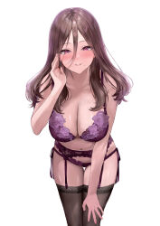 1girl black_thighhighs blush bra breasts brown_hair cleavage floral_print_bra garter_straps grin hair_between_eyes hair_over_shoulder half-closed_eyes hand_on_own_thigh hand_up highres kaga_touko_(ninki_haishinsha-tachi_no_manager) lace lace_bra lace_panties large_breasts leaning_forward long_hair mole mole_under_mouth navel ninki_haishinsha-tachi_no_manager_ni_nattara_zenin_motokano_datta nose_blush novel_illustration official_art panties pink_nails purple_eyes sakamuke simple_background smile solo thigh_gap thighhighs third-party_source underwear variant_set whispering white_background