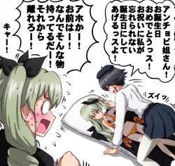 0_0 2girls all_fours alternate_hairstyle anchovy_(girls_und_panzer) anzio_school_uniform bikini black_hair blush braid commentary dakimakura_(object) drill_hair flying_sweatdrops frown girls_und_panzer green_hair hair_down hair_ribbon highres long_hair looking_at_another motion_lines multiple_girls omachi_(slabco) open_mouth orange_bikini pantyhose pepperoni_(girls_und_panzer) pillow red_eyes ribbon school_uniform shadow short_hair side-tie_bikini_bottom side_braid smile sweatdrop swimsuit translated twin_drills twintails white_background