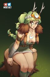 1girl antlers artemis_(hades) braid breasts bright_pupils brown_eyes downblouse dress facial_mark feet_out_of_frame green_hair green_socks hades_(series) hades_1 highres horns leaning_forward lips long_hair medium_breasts no_bra nortuet parted_lips patreon_username short_dress single_braid sitting sitting_on_tree_stump socks solo tree_stump twitter_username white_pupils