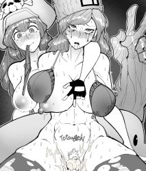 2girls abs aftersex armpit_crease blush body_writing bra breasts brown_hair collarbone cum cum_in_pussy cum_on_body cum_on_lower_body fucked_silly gonzalocosta888 guilty_gear hat highres huge_breasts large_breasts lingerie may_(guilty_gear) millia_rage monochrome multiple_girls navel nose_blush open_bra p4n18 panties pubic_hair spread_legs sweat swept_bangs tagme tears torn_clothes torn_legwear trembling underwear v