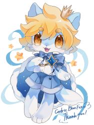 1boy :3 :d animal_ears barefoot blonde_hair blue_bow blue_bowtie blue_cape blue_shorts borrowed_character bow bowtie cape chibi chibi_only commentary_request commission crown full_body fur-trimmed_cape fur_trim furry furry_male highres iwasi_29 looking_at_viewer male_focus open_mouth original shirt short_hair shorts skeb_commission smile solo standing tail thank_you thick_eyebrows white_shirt yellow_eyes