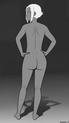 Rule 34 | 1girl, ass, barefoot, closed mouth, commentary, completely nude, dark-skinned female, dark skin, deadmann artworks, english commentary, freckles, from behind, full body, hands on own hips, highres, lal&#039;c mellk mal, monochrome, nude, short hair, shoulder blades, sidelocks, solo, standing, top wo nerae! (series), top wo nerae 2!, white hair