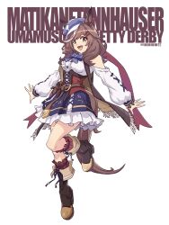 1girl absurdres animal_ears boots breasts brown_eyes brown_hair character_name clothing_cutout full_body hat highres horse_ears horse_girl horse_tail li_li_li_li_jun looking_at_viewer matikane_tannhauser_(umamusume) medium_breasts medium_hair shoulder_cutout standing standing_on_one_leg tail thighs umamusume white_background