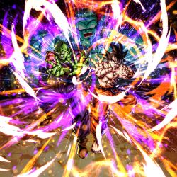 3boys absurdres black_hair colored_skin dragon_ball dragon_ball_legends garlic_jr. green_skin highres ki_blast multiple_boys muscular muscular_male official_art piccolo serious son_goku