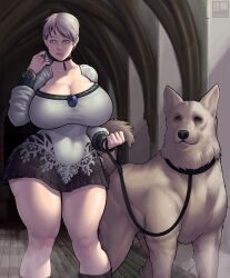 1girl alternate_breast_size animal_collar blonde_hair blue_eyes breasts cleavage collar demento dog fiona_belli hewie highres huge_breasts leash long_sleeves miniskirt mursty shirt skirt standing thick_thighs thighs white_shirt
