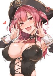 1girl absurdres ascot bare_shoulders bicorne black_corset black_hat blush breasts cleavage corset detached_sleeves goddess_of_victory:_nikke hair_intakes hair_ornament hat highres large_breasts long_hair looking_at_viewer mast_(nikke) mast_(romantic_maid)_(nikke) open_mouth pirate_hat red_eyes red_hair skull_hair_ornament smile solo tokiwa_midori_(kyokutou_funamushi)