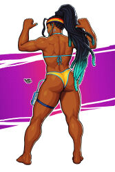 1girl absurdres ass back_muscles bikini blue_nails braid capcom colored_tips dark-skinned_female dark_skin earbuds earphones highres kimberly_jackson multicolored_hair multicolored_headband muscular sticker street_fighter street_fighter_6 swimsuit vj99 walkman yellow_bikini