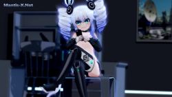 1girl 3d animated artist_name ass ass_shake audible_music black_sister blush boots bouncing_breasts breasts cropped_legs dancing drill_hair elbow_gloves fingerless_gloves giggling gloves green_eyes gs-mantis high_heel_boots high_heels jiggle loli long_hair moaning navel nepgear neptune_(series) phone purple_sister short_shorts shorts sitting small_breasts smile solo sound stomach strapless thigh_boots thighhighs tube_top twintails uni_(neptunia) video white_hair