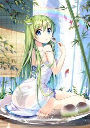 1girl :o animal back bamboo bare_arms bare_shoulders barefoot black_panties blue_eyes cross-laced_clothes curtains dress eyebrows feet female_focus fish food frog_hair_ornament fruit green_hair hair_ornament holding in_food kochiya_sanae light_particles long_hair looking_at_viewer miyase_mahiro mochi oversized_object panties plant rainbow see-through_clothes shade sitting snake_hair_ornament soles solo strap_slip surprised toes toothpick touhou transparent underwear wagashi wariza water waterfall white_dress