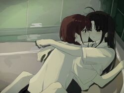 2girls ahoge arms_around_neck awa_subaru bathtub between_legs black_hair blush closed_mouth collared_shirt girls_band_cry highres i2727272727 in_bathtub indoors iseri_nina long_hair multiple_girls one_eye_closed purple_eyes red_hair shirt short_sleeves short_twintails twintails white_shirt yuri