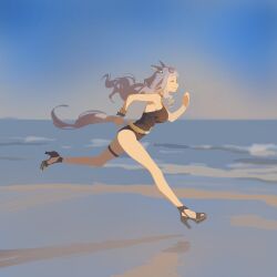 1girl absurdres beach black_one-piece_swimsuit closed_eyes closed_mouth from_side gold_ship_(umamusume) grey_hair high_heels highres kisaragi_shokuin long_hair one-piece_swimsuit running shoes smile solo swimsuit umamusume