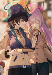 4girls :d absurdres alternate_costume bag black_hair black_skirt blue_archive blunt_bangs blurry brown_cardigan cardigan chibi chibi_inset chihiro_(blue_archive) chihiro_(camp)_(blue_archive) commentary_request depth_of_field feeding food glasses grey_hair hair_between_eyes halo hare_(blue_archive) hare_(camp)_(blue_archive) hat highres holding holding_skewer jewelry kokukyukeo long_hair long_sleeves looking_at_another maki_(blue_archive) maki_(camp)_(blue_archive) medium_hair multiple_girls necklace no_headwear official_alternate_costume official_alternate_hairstyle open_mouth outdoors peeking_out pendant pleated_skirt ponytail purple_hair red_eyes school_uniform semi-rimless_eyewear shoulder_bag sidelocks skewer skirt smile takoyaki utaha_(blue_archive) vest