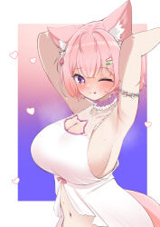 1girl ;p animal_cutout animal_ear_fluff animal_ears antenna_hair areola_slip armlet armpits arms_up blush bow braid breasts choker cleavage closed_mouth commentary_request frilled_choker frills gradient_background hair_bow hair_ornament hakui_koyori hakui_koyori_(summer) heart heart_in_eye highres hololive huge_breasts jewelry kani_bonara large_breasts looking_at_viewer medium_hair multicolored_background navel one_eye_closed pink_background pink_bow pink_choker pink_eyes pink_hair purple_background purple_eyes smile solo stomach sweat symbol_in_eye tail tongue tongue_out two-tone_choker virtual_youtuber white_background white_choker wolf_cutout wolf_ears wolf_girl wolf_tail