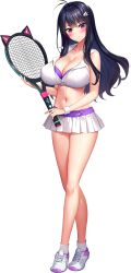 1girl absurdres ahoge animal_ears black_hair blush breasts cat_ears cleavage closed_mouth crop_top derauea game_cg highres holding holding_racket jougasaki_rio large_breasts long_hair looking_at_viewer milk_factory miniskirt motto!_haramase!_honoo_no_oppai_chou_ero_appli_gakuen! navel non-web_source official_art purple_eyes racket skirt smile socks solo sportswear sprite_art standing tachi-e tennis_racket tennis_skirt tennis_uniform transparent_background white_skirt white_sneakers wing_hairpin wristband