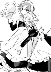 2boys absurdres apron black_dress closed_eyes closed_mouth crossdressing dress ensemble_stars! highres holding holding_tray hug hug_from_behind juliet_sleeves long_sleeves looking_at_another maid maid_apron maid_headdress male_focus male_maid monochrome multiple_boys open_mouth oukawa_kohaku puffy_sleeves shiratori_aira_(ensemble_stars!) shisokonbu short_hair simple_background smile trap tray white_background