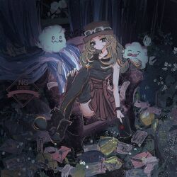 1girl 1other black_boots black_shirt black_thighhighs blonde_hair boots closed_eyes closed_mouth couch creatures_(company) flower game_freak gen_6_pokemon green_eyes hat highres holding holding_letter horimhkw11 letter long_hair looking_at_viewer nintendo on_couch open_mouth pleated_skirt pokemon pokemon_(creature) pokemon_xy red_hat red_skirt serena_(pokemon) shirt skirt sleeveless sleeveless_shirt smile sunglasses swirlix thighhighs tongue tongue_out