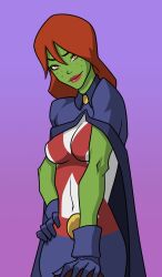 1girl alien cape colored_skin dc_comics gloves green_skin long_hair miss_martian red_hair solo superhero_costume usmanhayat young_justice