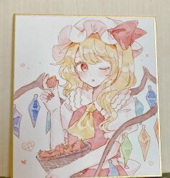 1girl ;o ascot basket blonde_hair collared_shirt commentary flandre_scarlet food frilled_shirt_collar frills fruit hat hat_ribbon highres holding holding_basket holding_food holding_fruit long_hair looking_at_viewer mob_cap mozukuzu_(manukedori) one_eye_closed puffy_short_sleeves puffy_sleeves red_ribbon red_skirt red_vest ribbon shikishi shirt short_sleeves skirt solo strawberry symbol-only_commentary touhou traditional_media upper_body vest white_background white_hat wings yellow_ascot